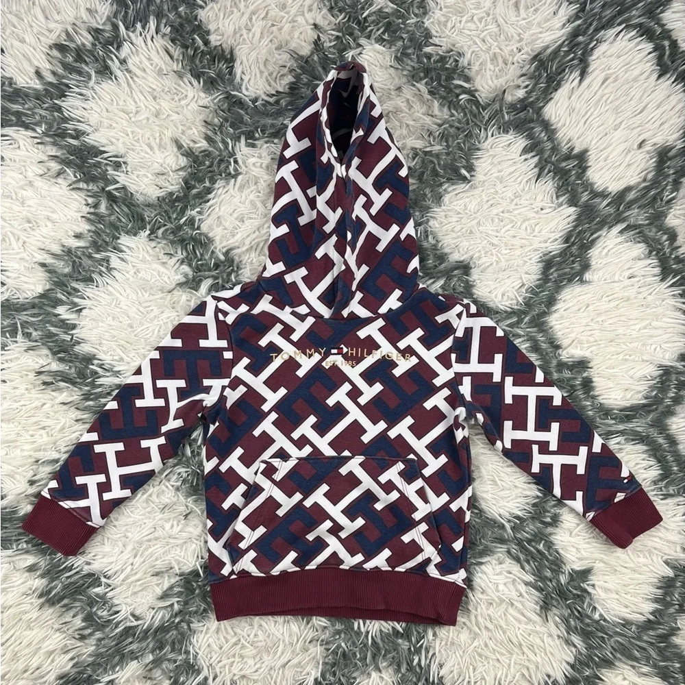 Tommy Hilfiger Kids Boy Multi-Color Monogram Print Hoodie Sweatshirt Size XS 4-5